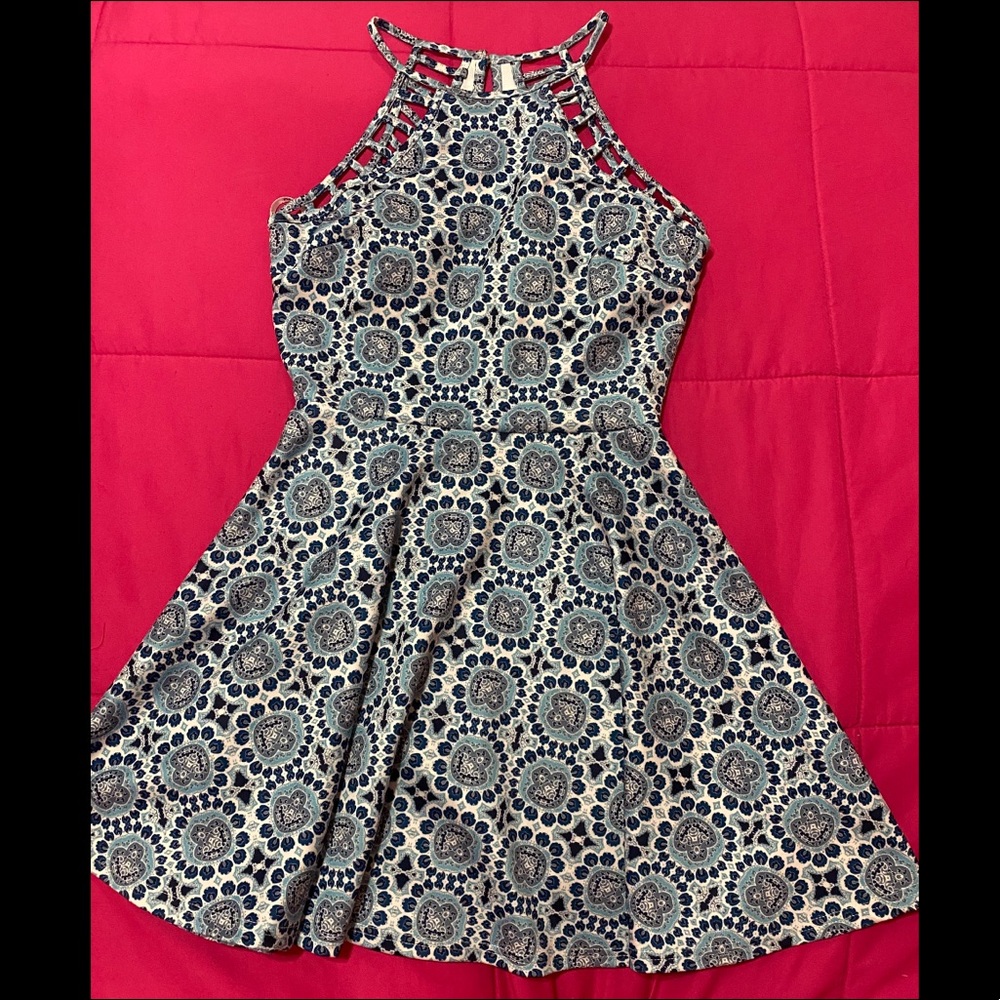 Patterned Halter Neck Blue Skater Dress